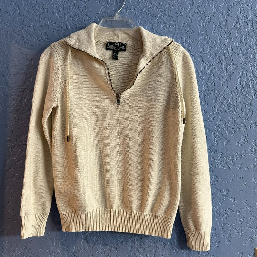 Lauren Cream Knit Quarter Zip Size S Drawstring Collar GUC Waffle Elbows